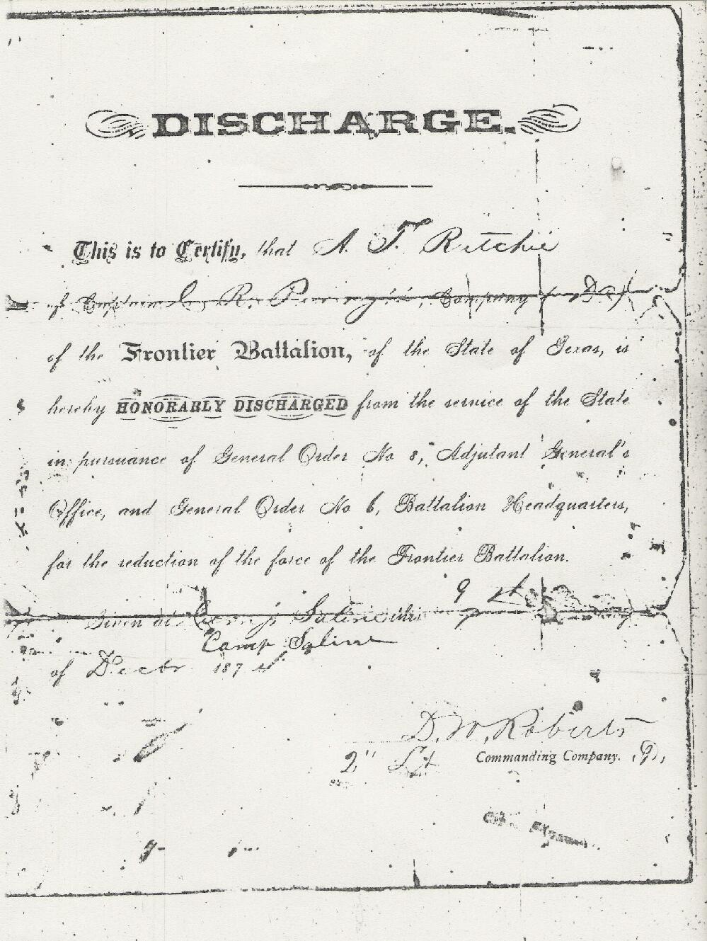 A. T. Ritchie--discharge papers, service of the State of Texas
