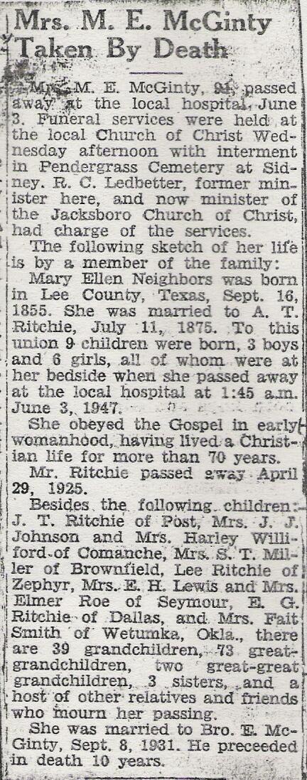 Obituary notice of Mary Ellen (Neighbors) (Ritchie) McGinty